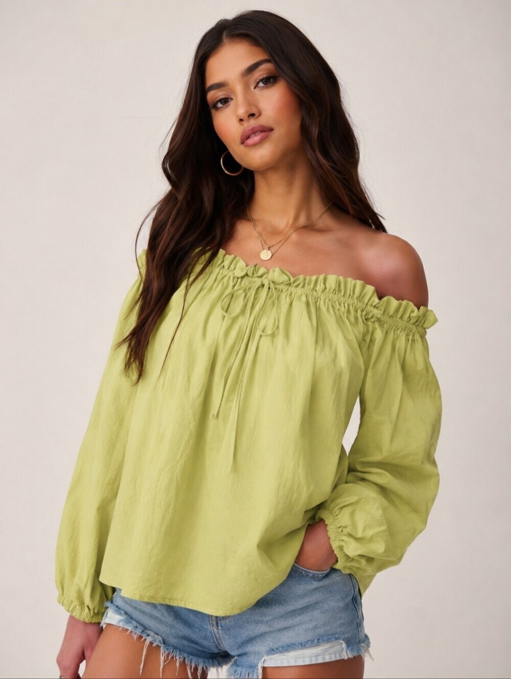 Nasty Gal Collection Chartreuse Boho Balloon Sleeve Off The Shoulder Top US 4